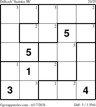 The grouppuzzles.com Difficult Sudoku-5B puzzle for Monday June 17, 2024 with the first 3 steps marked