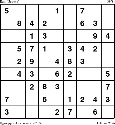 The grouppuzzles.com Easy Sudoku puzzle for Monday June 17, 2024