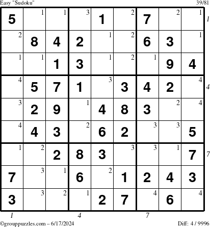 The grouppuzzles.com Easy Sudoku puzzle for Monday June 17, 2024 with all 4 steps marked