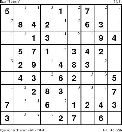 The grouppuzzles.com Easy Sudoku puzzle for Monday June 17, 2024 with the first 3 steps marked