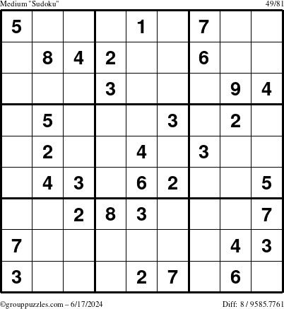 The grouppuzzles.com Medium Sudoku puzzle for Monday June 17, 2024