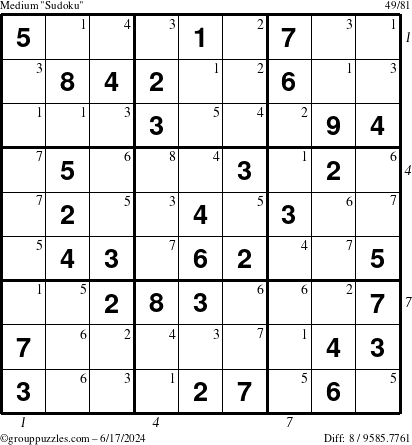 The grouppuzzles.com Medium Sudoku puzzle for Monday June 17, 2024 with all 8 steps marked