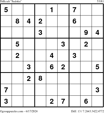 The grouppuzzles.com Difficult Sudoku puzzle for Monday June 17, 2024