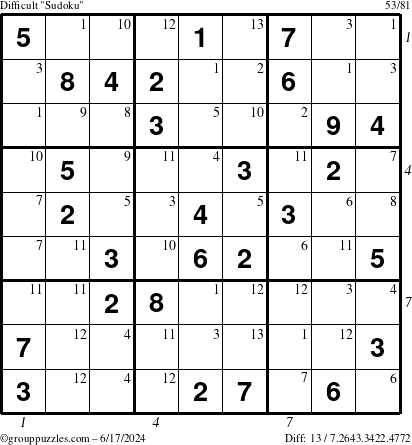 The grouppuzzles.com Difficult Sudoku puzzle for Monday June 17, 2024 with all 13 steps marked