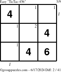 The grouppuzzles.com Easy TicTac-456 puzzle for Monday June 17, 2024 with all 2 steps marked