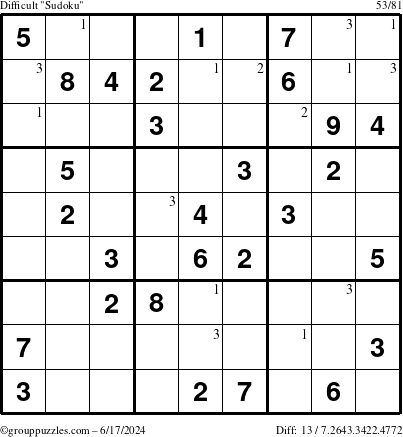 The grouppuzzles.com Difficult Sudoku puzzle for Monday June 17, 2024 with the first 3 steps marked