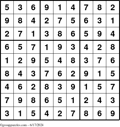 The grouppuzzles.com Answer grid for the Sudoku puzzle for Monday June 17, 2024