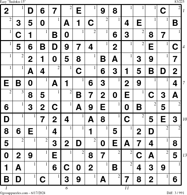 The grouppuzzles.com Easy Sudoku-15 puzzle for Monday June 17, 2024 with all 3 steps marked