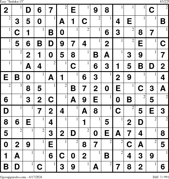 The grouppuzzles.com Easy Sudoku-15 puzzle for Monday June 17, 2024 with the first 3 steps marked