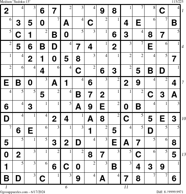 The grouppuzzles.com Medium Sudoku-15 puzzle for Monday June 17, 2024, suitable for printing, with all 8 steps marked