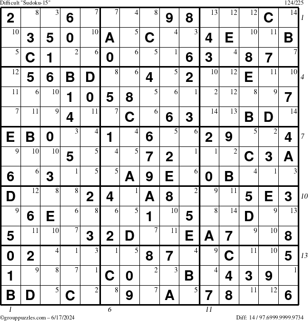 The grouppuzzles.com Difficult Sudoku-15 puzzle for Monday June 17, 2024 with all 14 steps marked