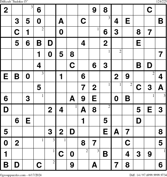 The grouppuzzles.com Difficult Sudoku-15 puzzle for Monday June 17, 2024 with the first 3 steps marked