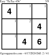 The grouppuzzles.com Easy TicTac-456 puzzle for Monday June 17, 2024 with the first 2 steps marked