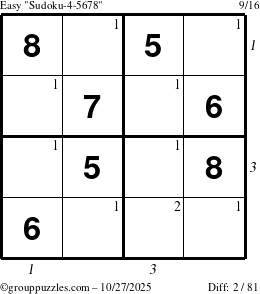 The grouppuzzles.com Easy Sudoku-4-5678 puzzle for Monday October 27, 2025 with all 2 steps marked