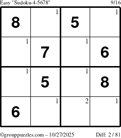 The grouppuzzles.com Easy Sudoku-4-5678 puzzle for Monday October 27, 2025 with the first 2 steps marked