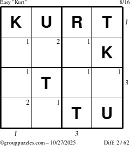 The grouppuzzles.com Easy Kurt puzzle for Monday October 27, 2025 with all 2 steps marked