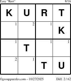 The grouppuzzles.com Easy Kurt puzzle for Monday October 27, 2025 with the first 2 steps marked