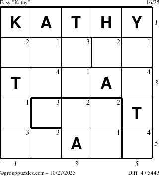 The grouppuzzles.com Easy Kathy puzzle for Monday October 27, 2025, suitable for printing, with all 4 steps marked