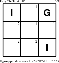 The grouppuzzles.com Easy TicTac-GHI puzzle for Monday October 27, 2025 with the first 2 steps marked