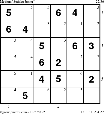 The grouppuzzles.com Medium Sudoku-Junior puzzle for Monday October 27, 2025, suitable for printing, with all 6 steps marked
