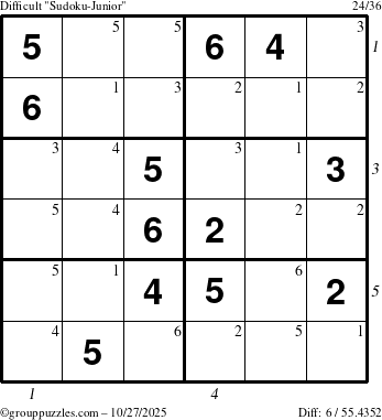 The grouppuzzles.com Difficult Sudoku-Junior puzzle for Monday October 27, 2025, suitable for printing, with all 6 steps marked