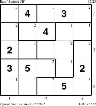 The grouppuzzles.com Easy Sudoku-5B puzzle for Monday October 27, 2025 with all 3 steps marked