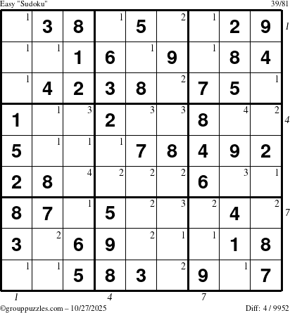 The grouppuzzles.com Easy Sudoku puzzle for Monday October 27, 2025 with all 4 steps marked