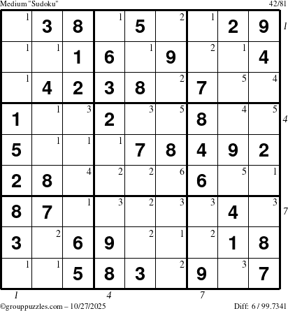 The grouppuzzles.com Medium Sudoku puzzle for Monday October 27, 2025 with all 6 steps marked