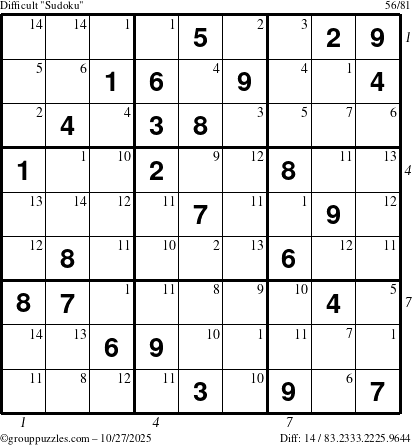 The grouppuzzles.com Difficult Sudoku puzzle for Monday October 27, 2025, suitable for printing, with all 14 steps marked
