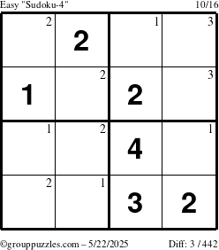 The grouppuzzles.com Easy Sudoku-4 puzzle for Thursday May 22, 2025 with the first 3 steps marked