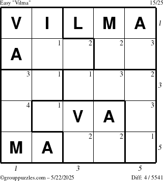 The grouppuzzles.com Easy Vilma puzzle for Thursday May 22, 2025 with all 4 steps marked