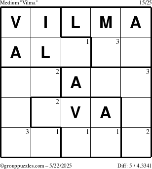 The grouppuzzles.com Medium Vilma puzzle for Thursday May 22, 2025 with the first 3 steps marked