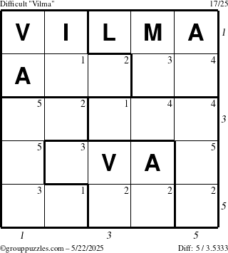 The grouppuzzles.com Difficult Vilma puzzle for Thursday May 22, 2025 with all 5 steps marked