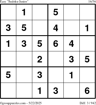 The grouppuzzles.com Easy Sudoku-Junior puzzle for Thursday May 22, 2025