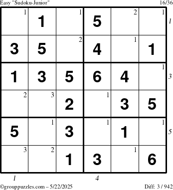 The grouppuzzles.com Easy Sudoku-Junior puzzle for Thursday May 22, 2025 with all 3 steps marked