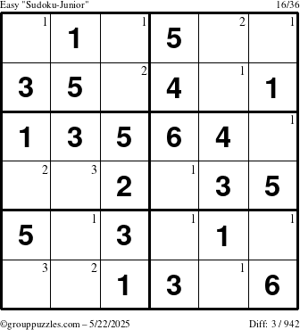 The grouppuzzles.com Easy Sudoku-Junior puzzle for Thursday May 22, 2025 with the first 3 steps marked