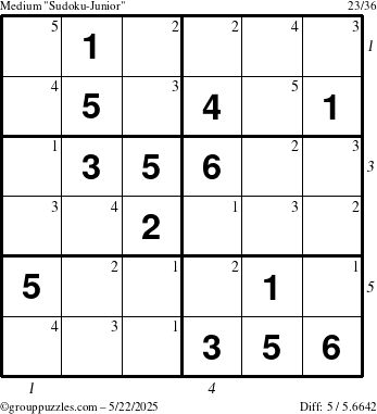 The grouppuzzles.com Medium Sudoku-Junior puzzle for Thursday May 22, 2025 with all 5 steps marked