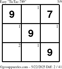 The grouppuzzles.com Easy TicTac-789 puzzle for Thursday May 22, 2025 with the first 2 steps marked