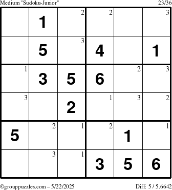 The grouppuzzles.com Medium Sudoku-Junior puzzle for Thursday May 22, 2025 with the first 3 steps marked