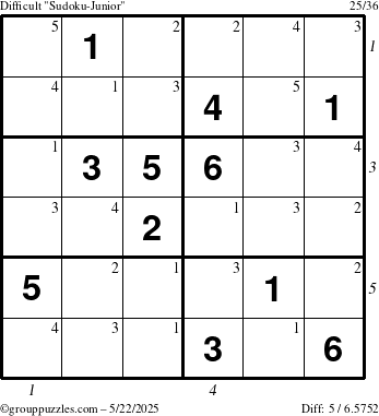 The grouppuzzles.com Difficult Sudoku-Junior puzzle for Thursday May 22, 2025 with all 5 steps marked