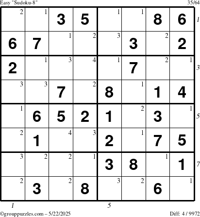 The grouppuzzles.com Easy Sudoku-8 puzzle for Thursday May 22, 2025 with all 4 steps marked