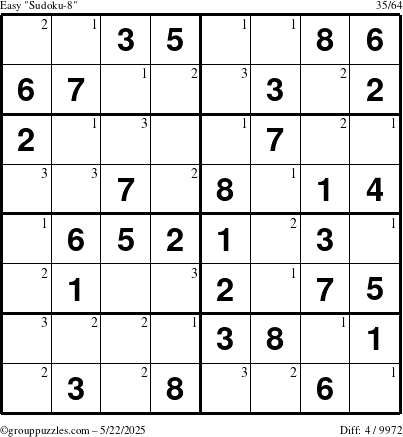 The grouppuzzles.com Easy Sudoku-8 puzzle for Thursday May 22, 2025 with the first 3 steps marked