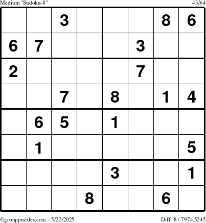 The grouppuzzles.com Medium Sudoku-8 puzzle for Thursday May 22, 2025