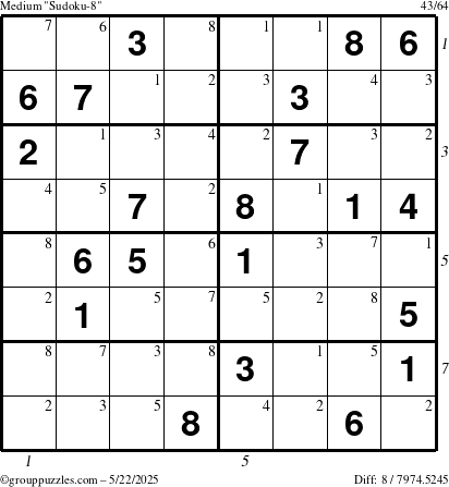 The grouppuzzles.com Medium Sudoku-8 puzzle for Thursday May 22, 2025 with all 8 steps marked
