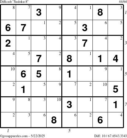 The grouppuzzles.com Difficult Sudoku-8 puzzle for Thursday May 22, 2025 with all 10 steps marked