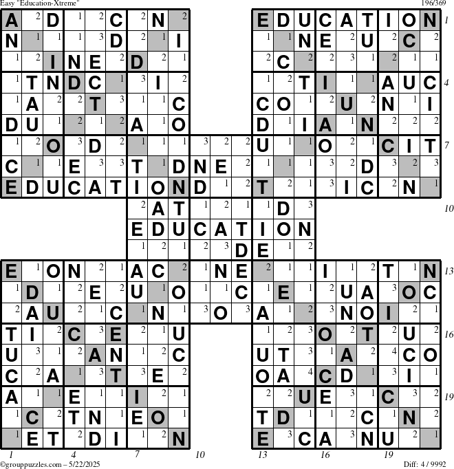 The grouppuzzles.com Easy Education-Xtreme puzzle for Thursday May 22, 2025 with all 4 steps marked