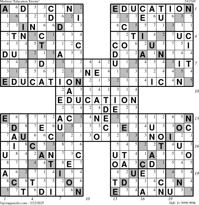 The grouppuzzles.com Medium Education-Xtreme puzzle for Thursday May 22, 2025, suitable for printing, with all 8 steps marked
