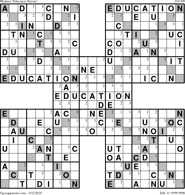 The grouppuzzles.com Medium Education-Xtreme puzzle for Thursday May 22, 2025 with the first 3 steps marked