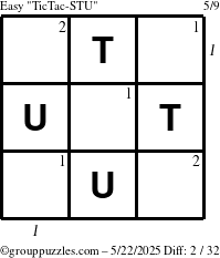The grouppuzzles.com Easy TicTac-STU puzzle for Thursday May 22, 2025 with all 2 steps marked