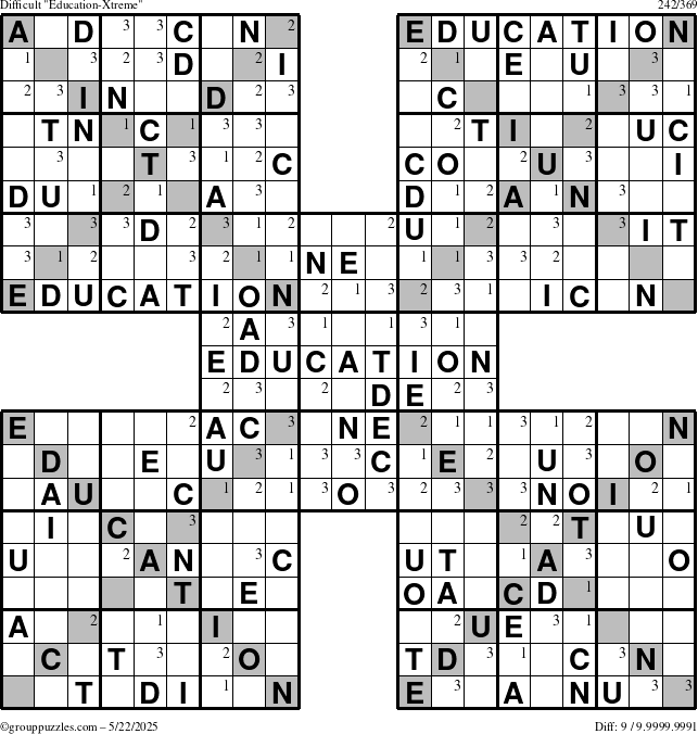 The grouppuzzles.com Difficult Education-Xtreme puzzle for Thursday May 22, 2025 with the first 3 steps marked